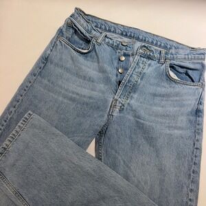 Djerf Avenue Straight Leg Jeans Light Wash Blue Button‎ Fly Heart Logo Denim 28